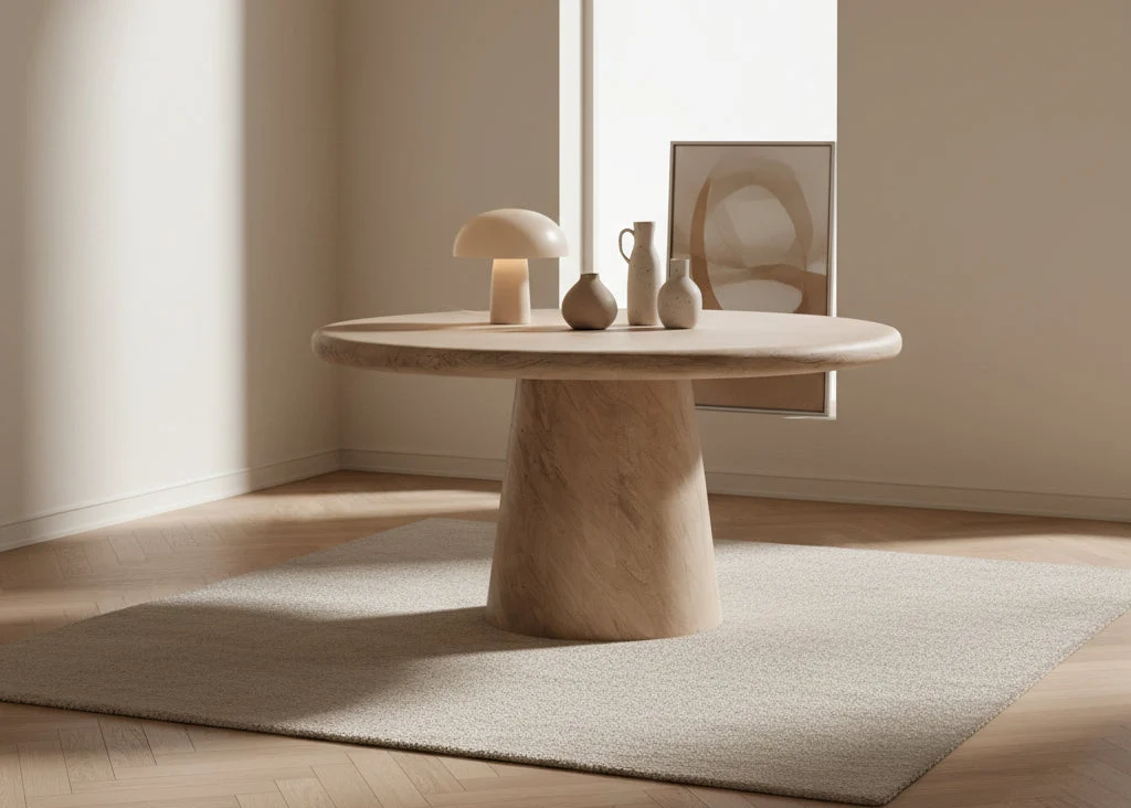 Contemporary Solid Wood Dining Table with Round Top & Sleek Pedestal Base for Dining Room