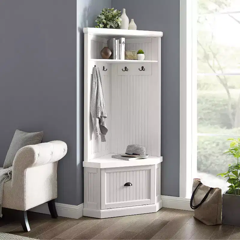 Seaside Corner Hall Tree Distressed White: Entryway Organizer with Shoe Storage, 4 Hooks