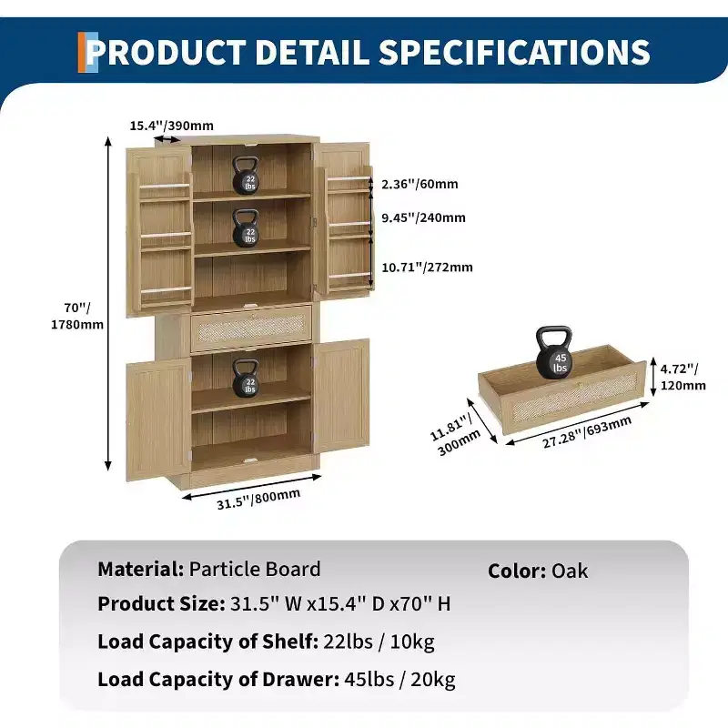 72-Inch Tall Rattan Kitchen Pantry Cabinet with Drawer, Adjustable Shelves, Farmhouse Style Cupboard Storage, For Kitchen, Dining Room, Bathroom