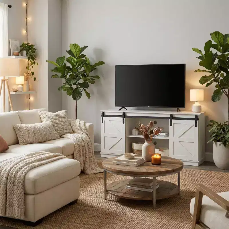 FurnitureR 58 Farmhouse TV Stand with Sliding Barn Doors, Media Console with Adjustable Shelves & Cable Management for Living Room