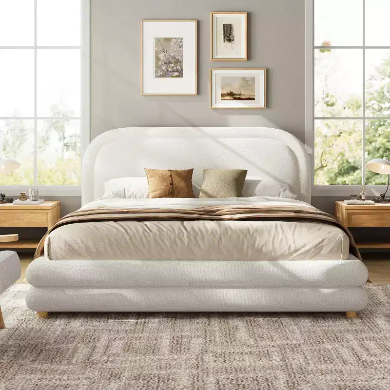 Avery Boucle Upholstered Bed with Thick Curved Headboard Design