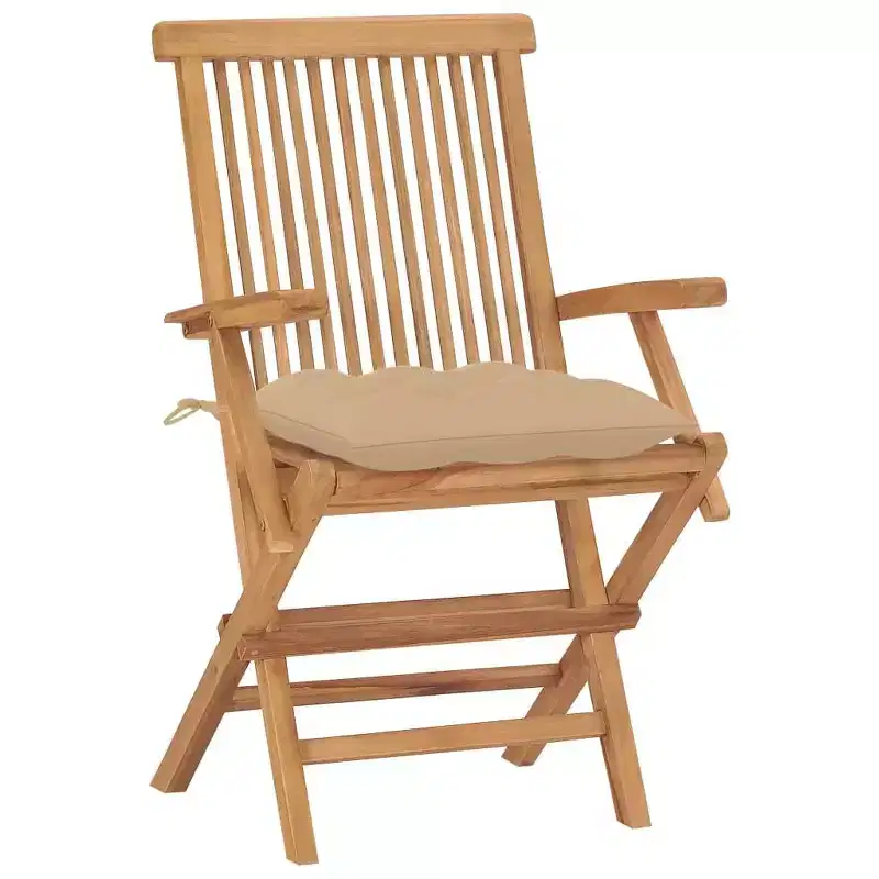 vidaXL 2-Pcs Beige Cushioned Patio Chair Set, Durable Teak, Weatherproof Outdoor, Foldable Designs for Easy Storage, Ideal for Garden, Terrace