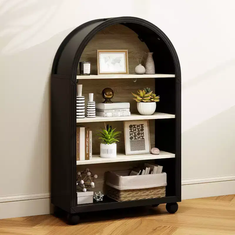 GDFStudio Sade Modern 28 Wood and Metal Arched 4-Tier Storage Cabinet with Carved Edges