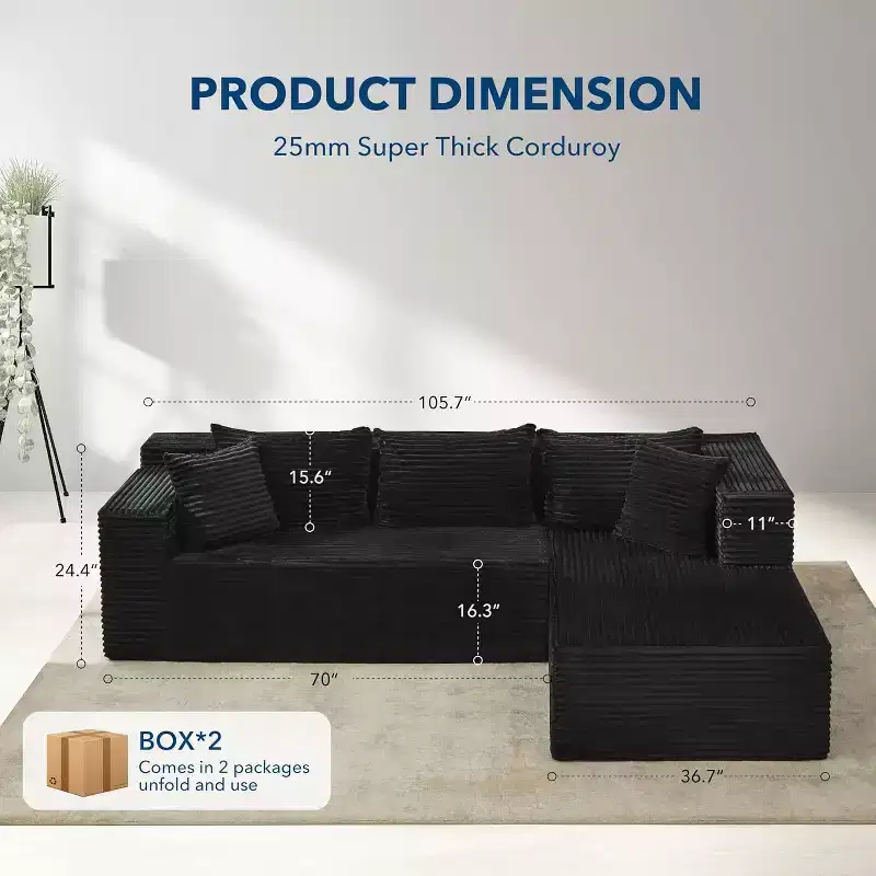 DobleePy 106 Reversible Sectional Sofa, L-Shaped Cloud Couch with Oversized Chaise, 3-Seat Memory Foam Sofa, No Tools Assembly, Right Facing