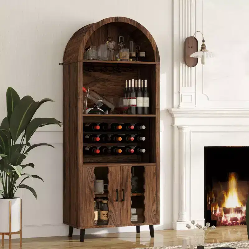 71''Farmhouse-Style Arched Display Cabinet with Wine Rack and Glass Holder Wine Storage Cabinet for Dining Rooms and Living Rooms, Walnut