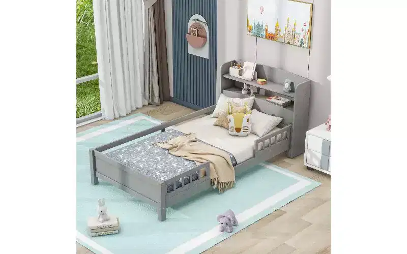 Twin Size Bed Frame, Platform Bed with LED Storage Headboard and Safety Guardrails, Bookcase Storage Bed