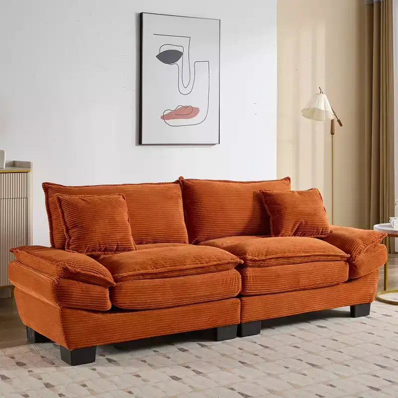 Loveseat Corduroy Sleeper Couch Sofa with Pillows Upholstered for Bedroom Living Room Office Orange