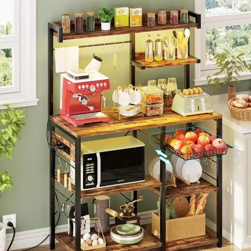 Kitchen Storage Shelf with 6-10 Hooks, Bakers Rack with Power Outlet