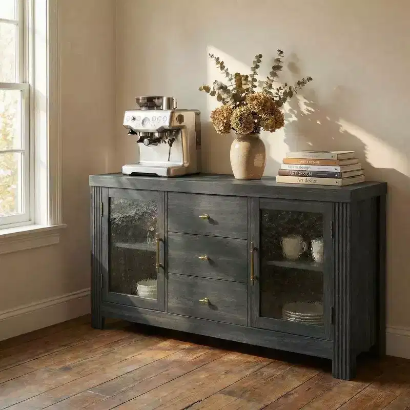 54.4 Buffet Sideboard, Accent Storage Cabinet with 2 Glass Doors & 3 Drawers, Coffee Bar Table, TV Stand for Living Room, Kitchen, Dining Room