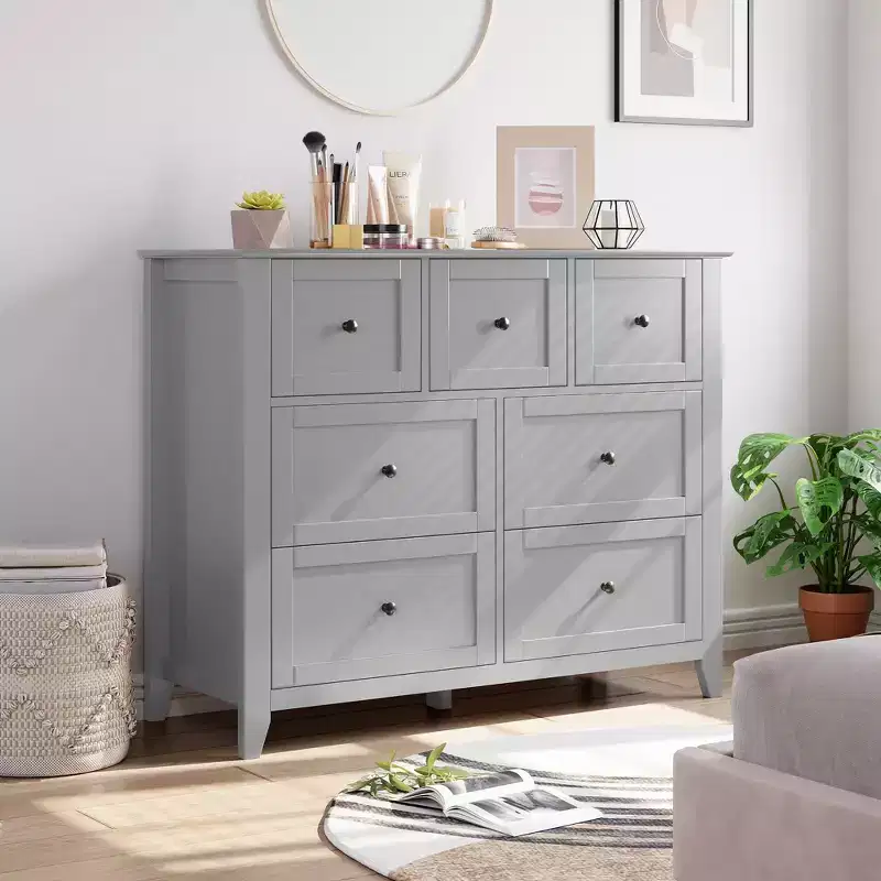7 Drawer Bedroom Dresser, Modern Chest of Drawers, Wood Storage Double Dresser with Deep Drawers for Living Room, Gray