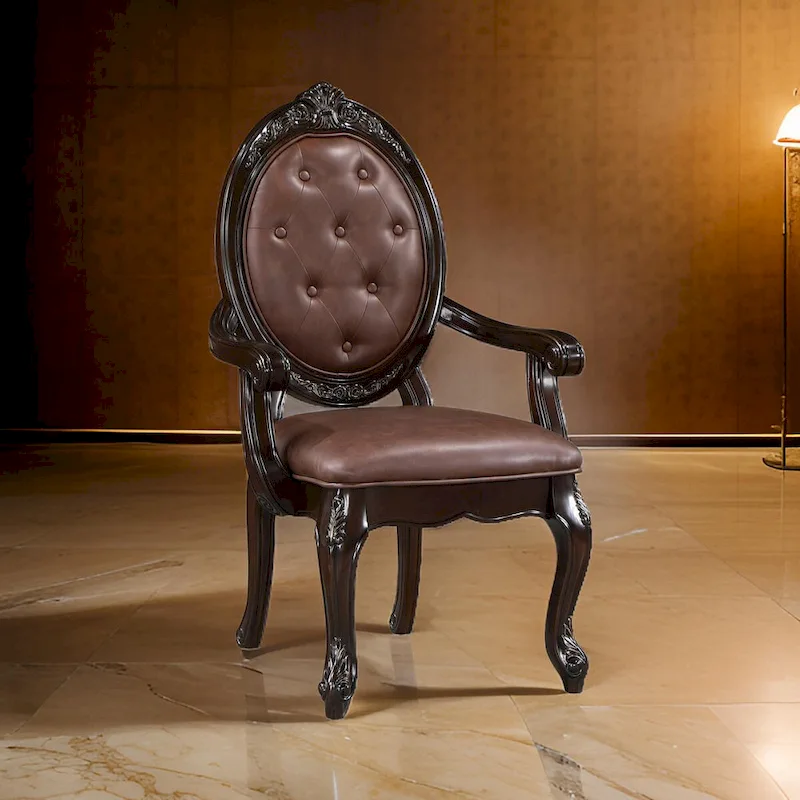 24-Inch Dining Armchair with Carved Details & Faux Leather Seat – Brown
