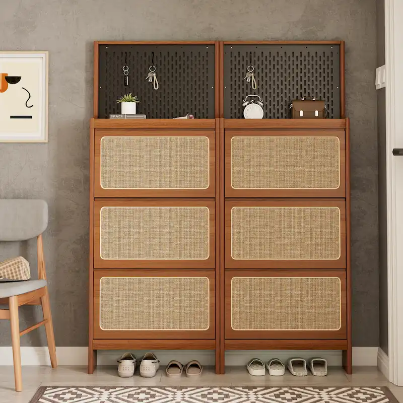 Rattan Shoe Cabinet for Entryway, Free Standing Shoe Rack with 3 Flip Drawers & Black Pegboard, Hidden Narrow Shoe Cabinet