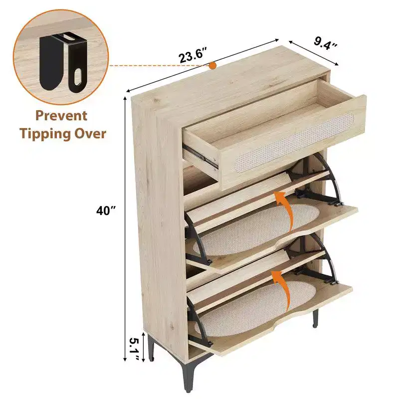 Rattan Shoe Cabinet with 2 Flip Drawers and 1 Pull-Out Drawer, Free Stand Shoe Storage Cabinet
