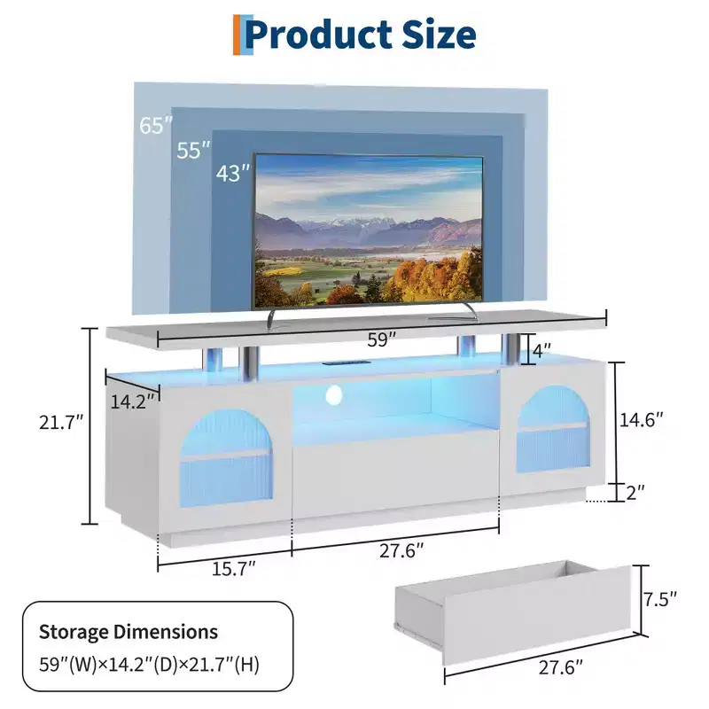 Modern Entertainment Center with Power Outlets & LED Lights for 65