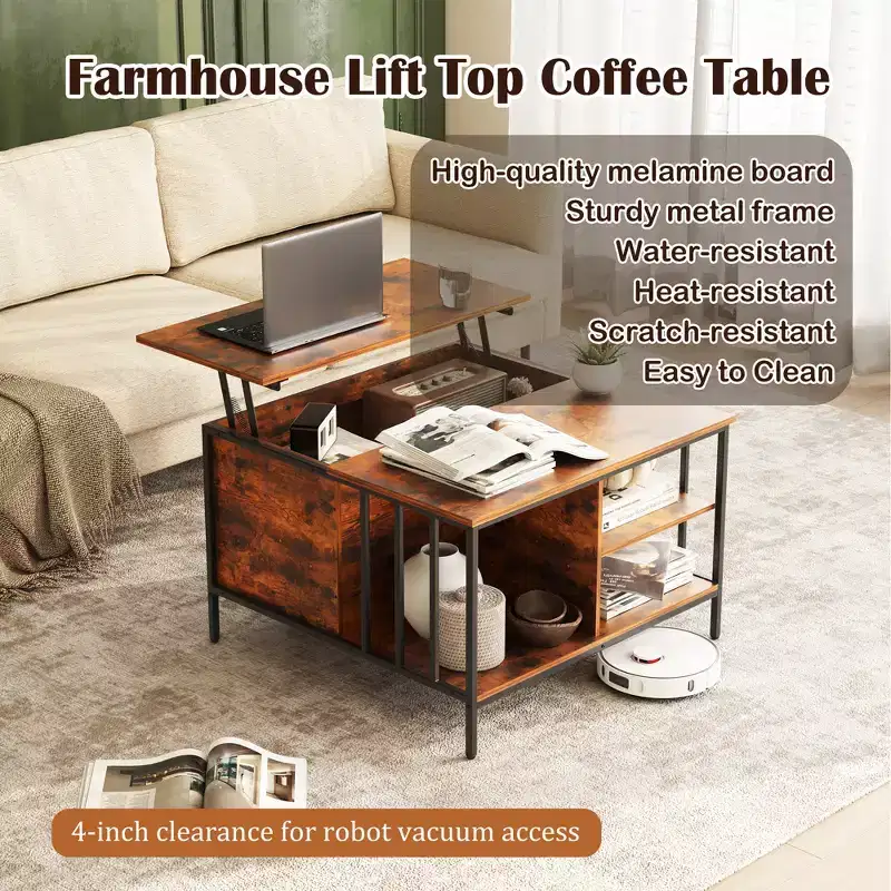 JVNOXK 31.5-inch Farmhouse-Style Lift-Top Coffee Table Adjustable Height Living Room Table Multi-Functional Table with Hidden Storage Compartment