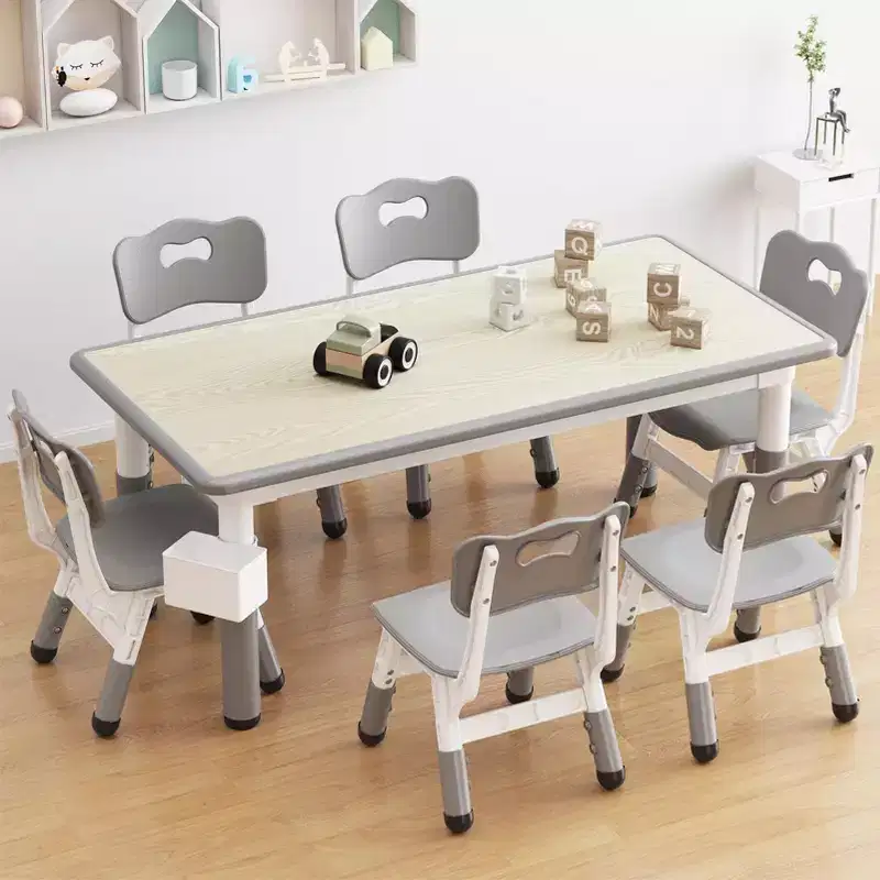 Kids Table and 6 Chairs Set with Storage Box, Height Adjustable Toddler Table and Chair Set for Ages 2-10