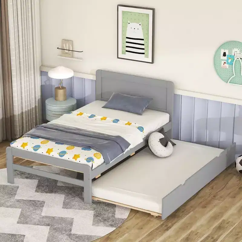 Acekool Modern Twin Platform Bed Frame with Trundle, Twin Over Full Bunk, Guardrail & Ladder, Wood Slats, No Box Spring, Gray