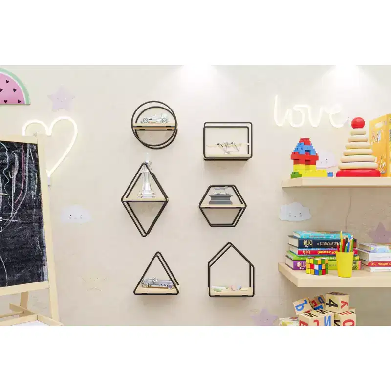 Set of 6 Geometric Wall Shelves  Floating Wooden Wall Decor
