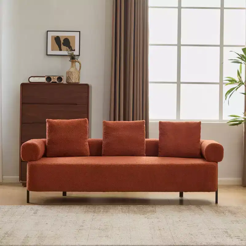 78-Inch Modern 3-Seater Orange Upholstered Sofa with Plush Pillows, for Living Room or Bedroom