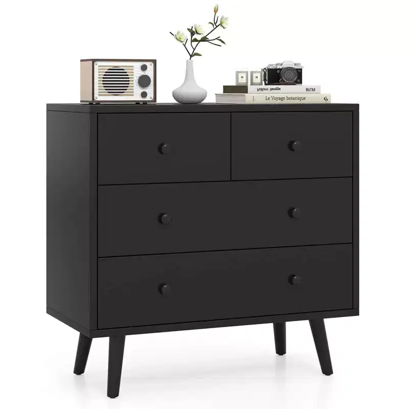Costway 4 Drawer Dresser for Bedroom Wide Chest of Drawers with Metal Guide Rails Teak & Black/Walnut/Natural