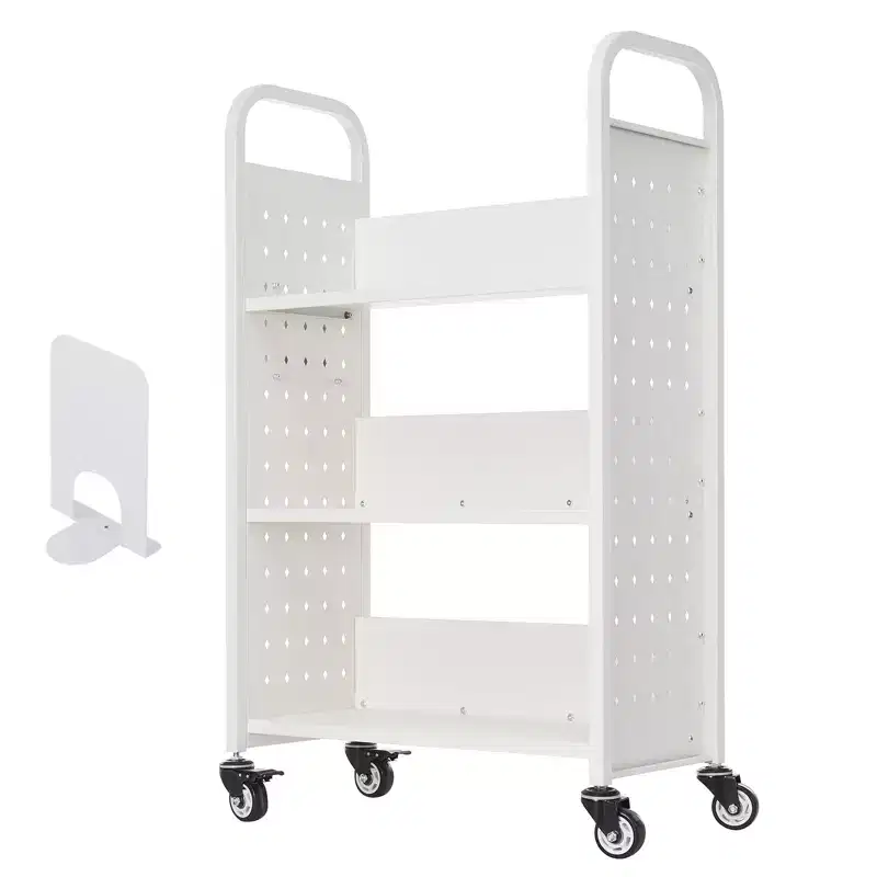 VEVOR Rolling Library Book Cart, 330 lbs Capacity, 30.3 x 15 x 48.0-Inch Library Cart,Single Sided L-Shaped Shelves with 3-Inch Lockable Wheels,White