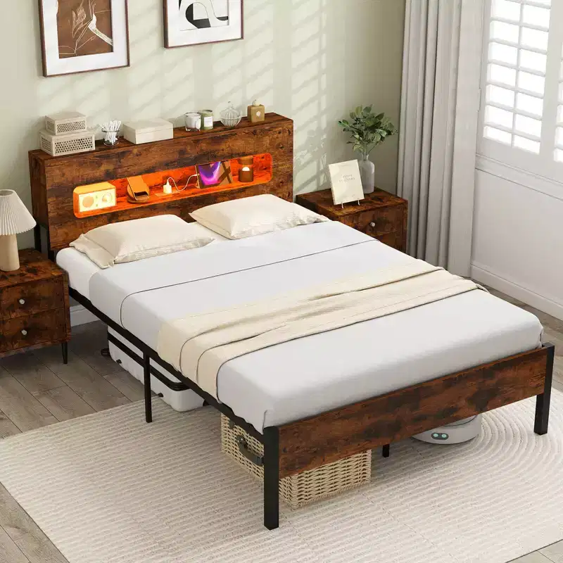 Full Bed Frame with LED Lights Storage Headboard Power Outlets Strong Metal Support