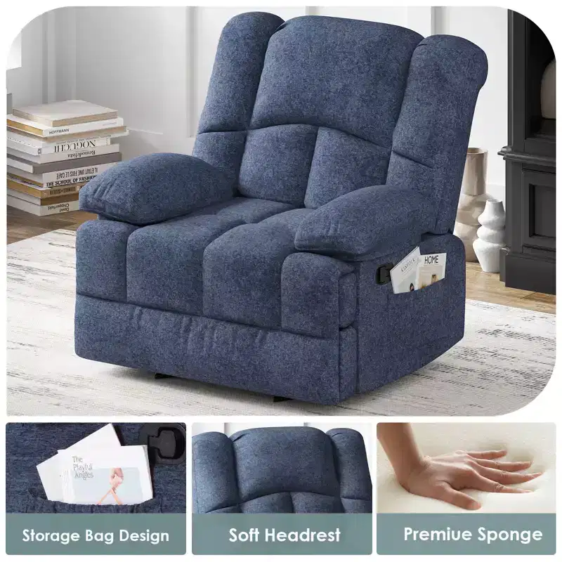 Blue Oversized Rocking Recliner Chair for Adults, Chenille, Ergonomic, Perfect for Living Room
