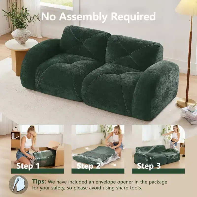 Clihome 2-Seater Tufted Sofa Couches with boneless Sofa,Soft Velvet Fabric,Bottom Anti-Slip Design,32D High Density Sponge,Ergonomic Design Bottom