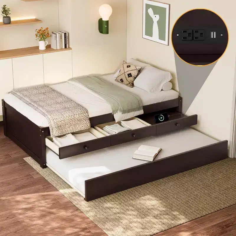Bellemave Platform Bed with Trundle and 2 Drawers,Solid Wood Platform Beds Frame with Power Strip for Bedrooms