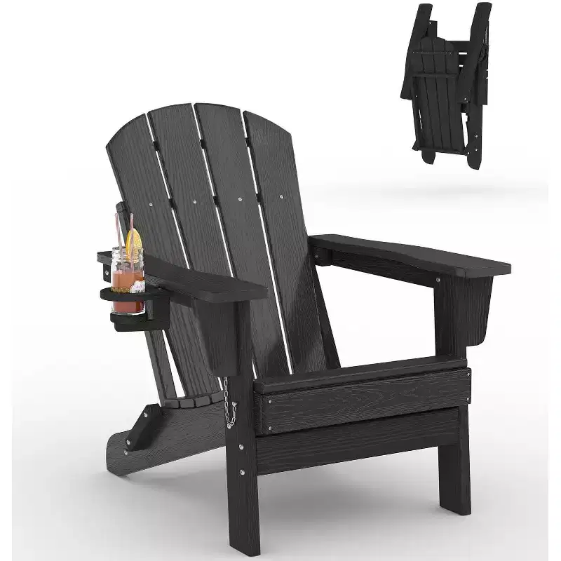 Folding Adirondack Patio Chair | Weather Resistant HDPE, 380 lbs Capacity | Collapsible & Durable with Wood Grain Texture | Ideal for Deck, Lawn