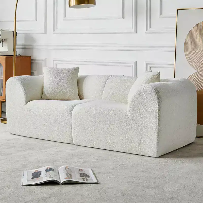 Beige / Black / Blue / Gray Boucle 2-Seat Loveseat Sofa with Throw Pillows