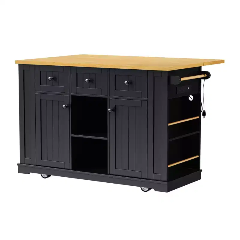 Kitchen Island, Rolling Cart with Power Outlet, Drop Extension, 5 Wheels, 3 Drawers, Door, and Internal Storage Rack for Dining Room