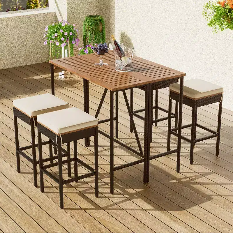GDFStudio Mason Patio Modern 5-Piece Acacia Wood and PE Rattan Wicker Bar Height Dining Set with Cushioned Stools