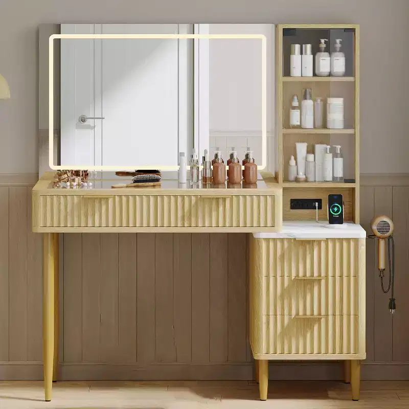 Vanity Desk with Mirror and Lights, Makeup Desk with 3-Color LED, 5 Drawers, 3 Storage Shelves, Power Outlet, for Bedroom, Oak