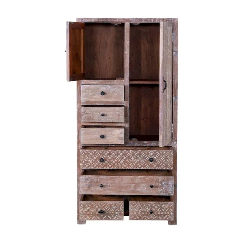 Antique White / Brown Solid Wood Armoire with 7 Drawers & 2 Doors