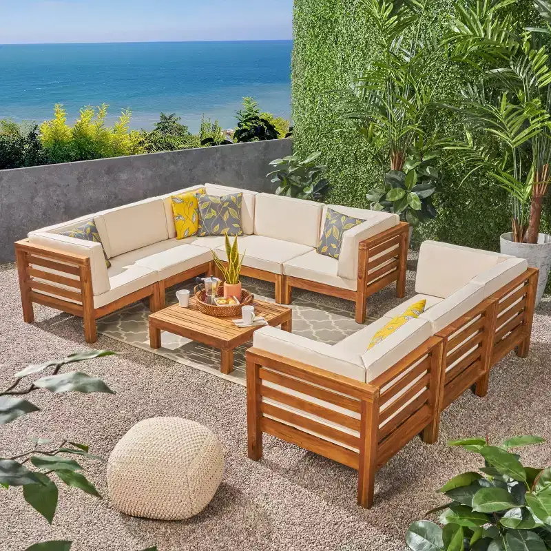 Oana 9pc Acacia Wood Sectional Sofa Set - Teak/Beige - Christopher Knight Home: Weather-Resistant Outdoor Seating