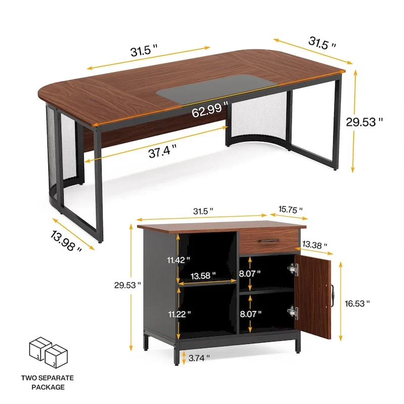 Large 63 L-Shaped Executive Office Desk with 31 File Cabinet