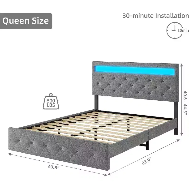 Grey Queen Upholstered Platform Bed with Modern Headboard, Ambient Headboard Design, No Box Spring Needed, Easy Assembly Sleek Neutral Bedroom Upgrade