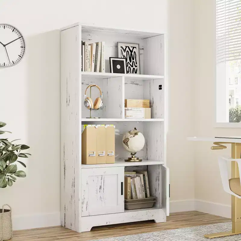 Wooden Modern Storage Rack, Farmhouse Bookshelf, White Bookcase with Door, Bedroom Storage, for Bedroom, Living Room, Home, Office