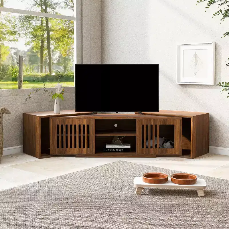 Cat TV Stand Extendable TV Stand Litter Box TV Console, Cat friendly Furniture, Mid-Century Morden, Walnut-ModernLuxe