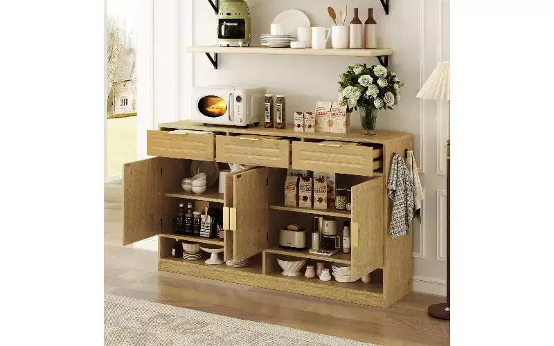 TUYOHW Farmhouse Sideboard Cabinet with 3 Drawers & 4 Doors, Multi-Functional Storage Buffet Cabinet with Adjustable Shelf, Kitchen Pantry Cabinet