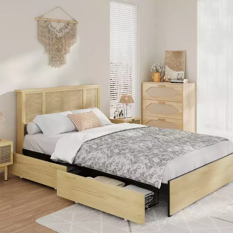 Platform Bed Frame with Rattan Headboard and 4 Storage Drawers