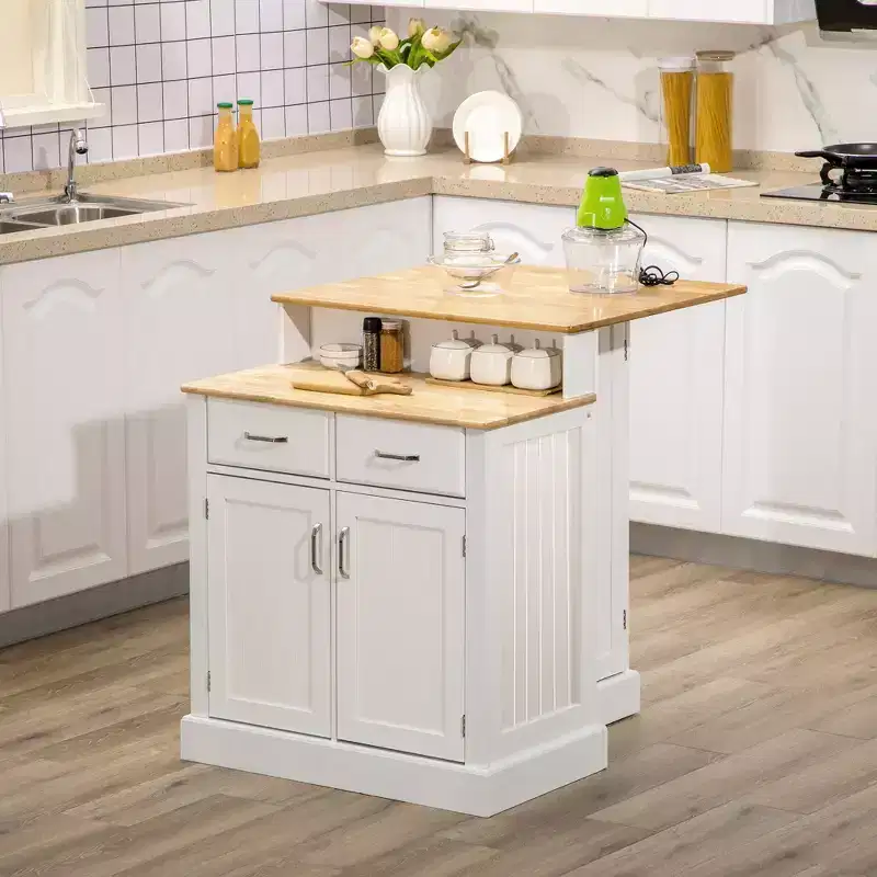 Kitchen Island with 2-Level Wood Tabletop, Adjustable Shelves and Drawers
