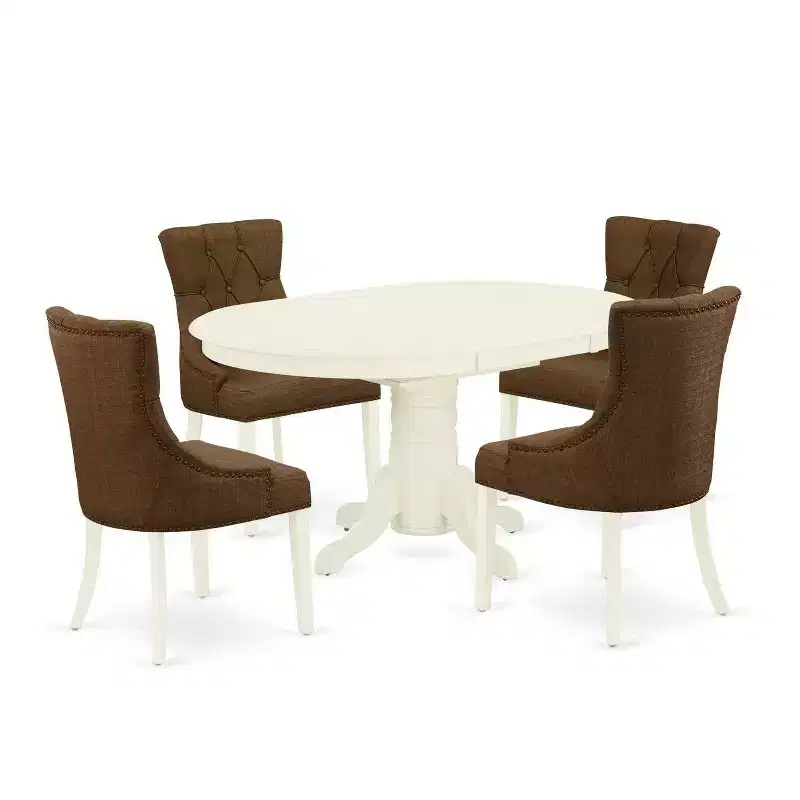 HomeStock 5-Piece Oval Linen White Finish Solid Wood Top Dining Table with 4 Parson Chair with Butterfly Leaf