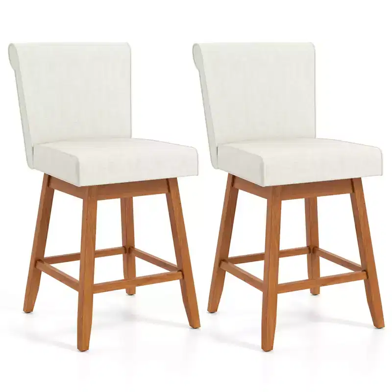 Costway 27 Swivel Bar Stools Set of 2/4 with Rubber Wood Legs Upholstered Linen Bar Chairs Beige/Gray