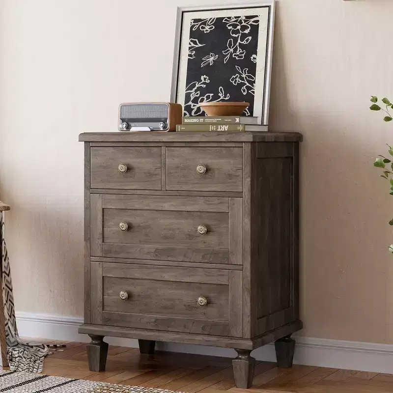 4 Drawer Dresser for Bedroom, Vintage Dresser with Carved Handles and Tapered Legs Design, Wood Chests of Drawers with Large Capacity Storage