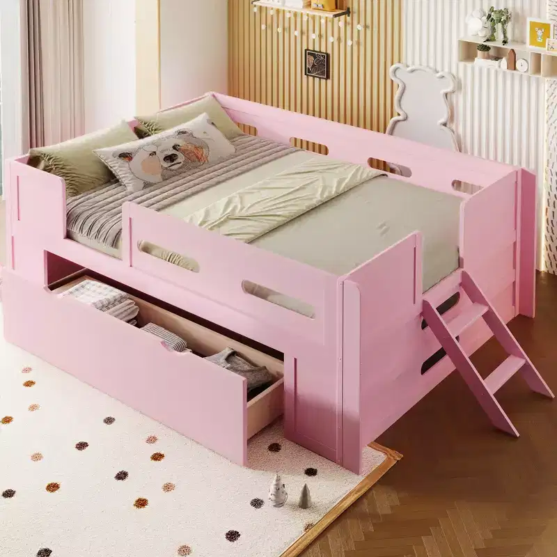 Twin/Full Size Platform Bed Frame with Semi-Enclosed Guardrail and Drawer - ModernLuxe