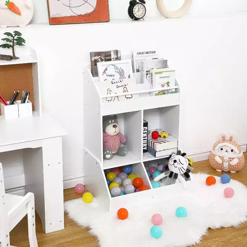 Kids Toy Organizer & Bookshelf – 3-Tier Sling Book Rack with Storage Bins, Pine Wood