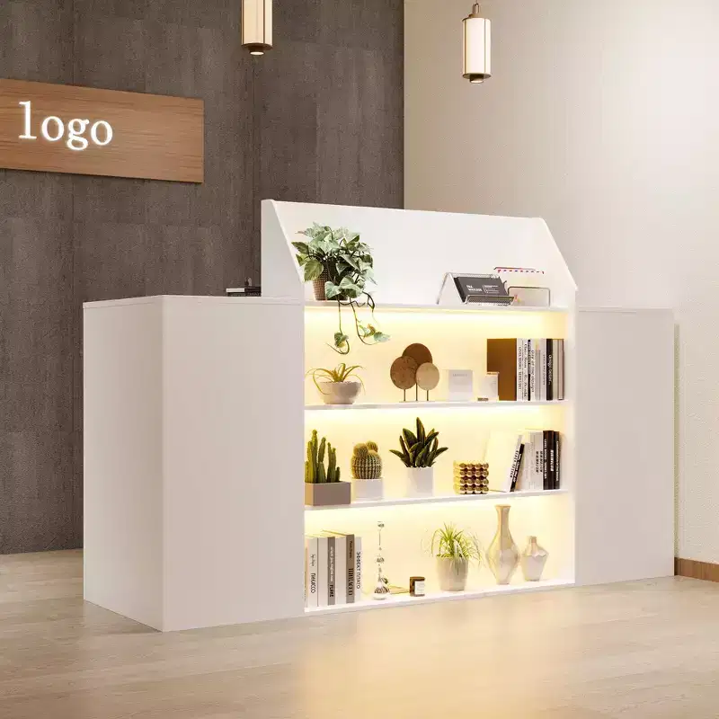 White Multi-Function Reception Desk Cash Register: Lockable Storage + LED Display Shelves + Keyboard Tray Modern Cash Register/Welcome Station