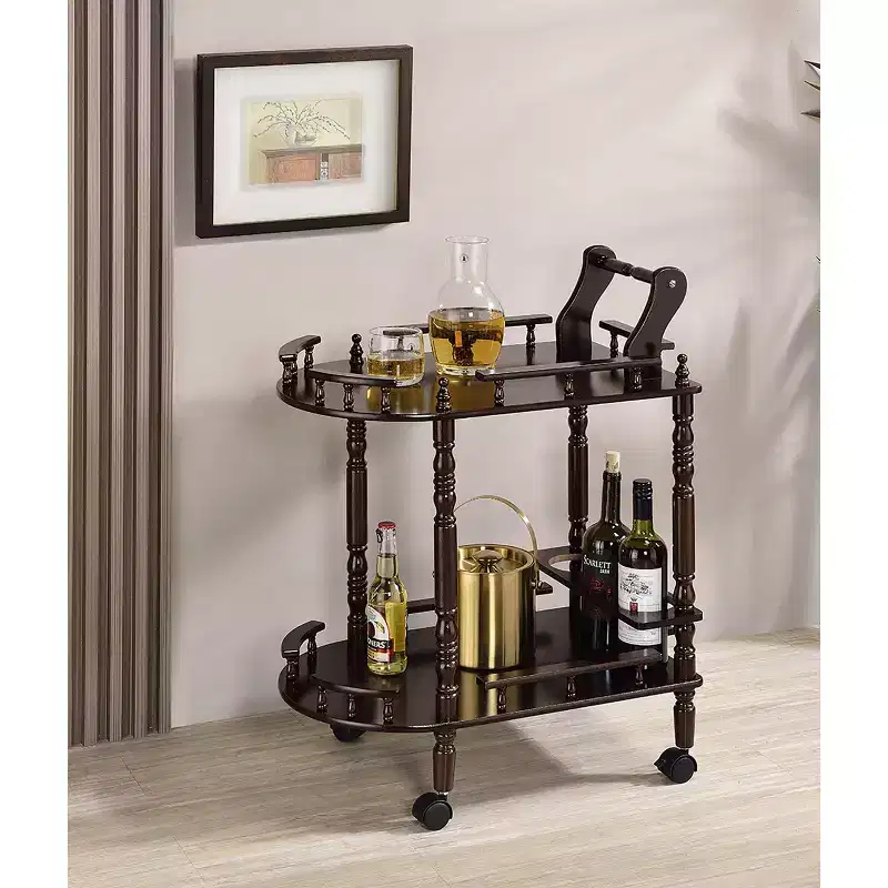 29" 2-Tier Wine Serving Cart Cherry - Ore International: Rolling Wood Shelves, 3-Bottle Rack, Caster Wheels